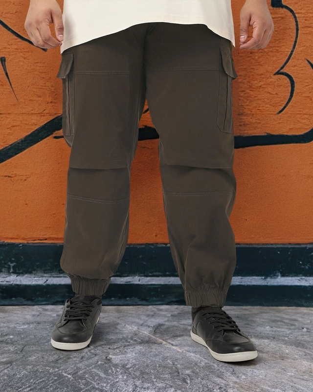 Shop Men's Chocolate Brown Oversized Plus Size Cargo Jogger Pants-Front