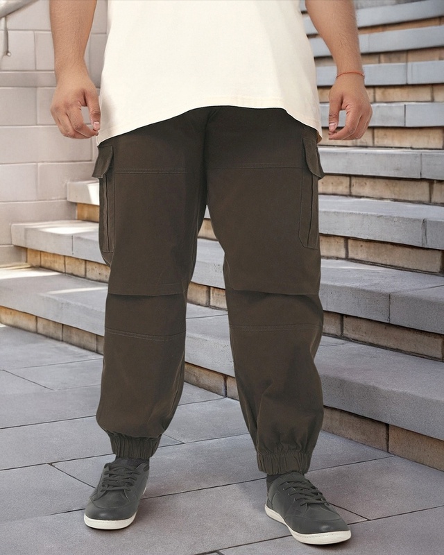 Shop Men's Chocolate Brown Oversized Plus Size Cargo Jogger Pants-Front