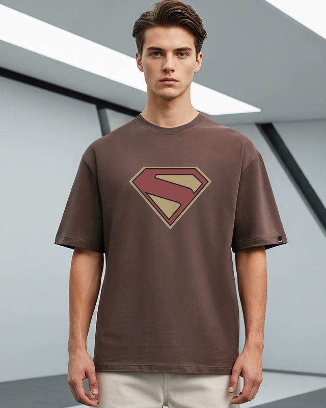 Shop Men's Chocolate Brown Superman Logo Graphic Printed Oversized T-shirt-Front