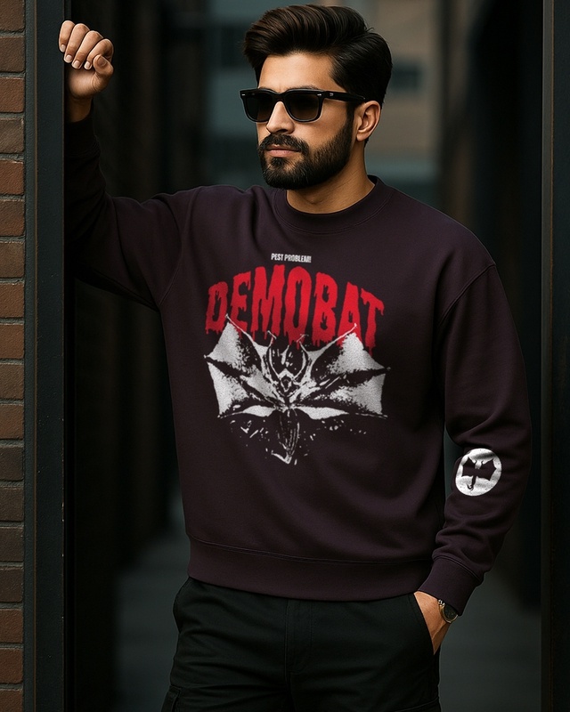 Shop Men's Chocolate Tarte Brown Demo Bat Graphic Printed Oversized Sweatshirt-Front