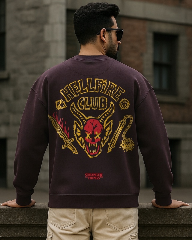 Shop Men's Chocolate Tarte Brown Hellfire Club Graphic Printed Oversized Sweatshirt-Front