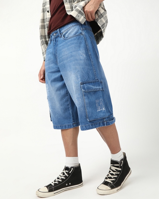 Shop Men's Blue Washed Baggy Fit Cargo Shorts-Front