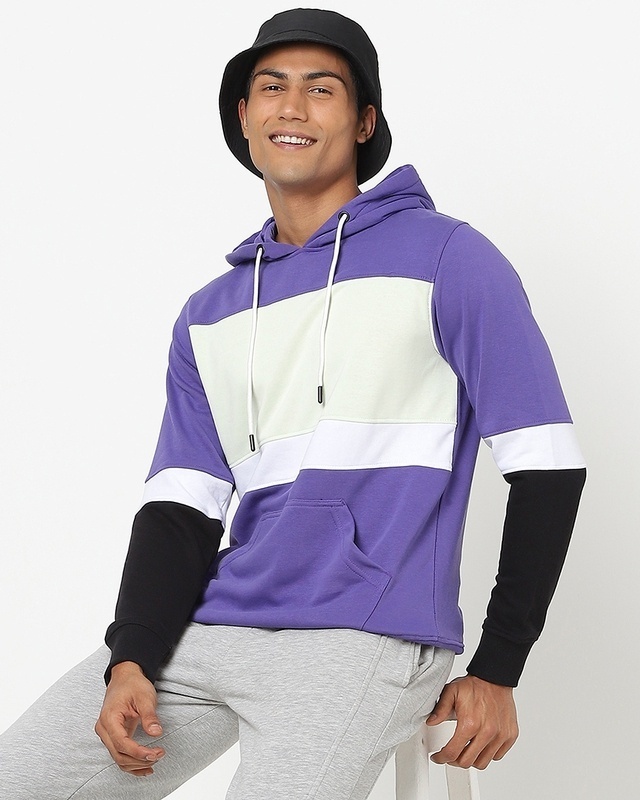 Shop Men's Purple & White Color Block Hoodie-Front