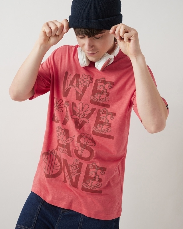 Shop Men's Coral Pink Live As One Graphic Printed Oversized T-shirt-Front