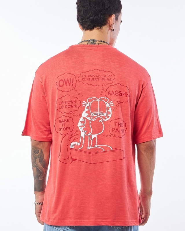 Shop Men's Coral Pink Rise & Shine Garfield Graphic Printed Oversized T-shirt-Front