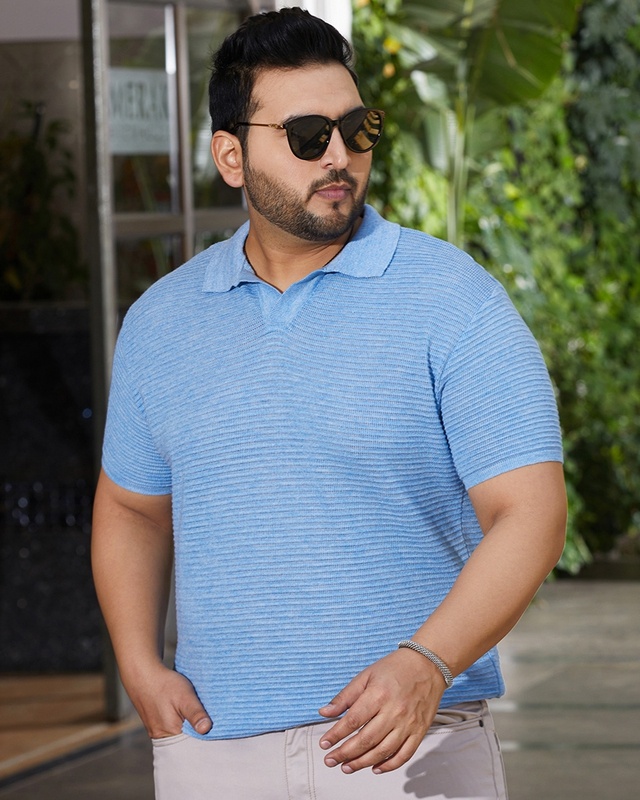 Shop Men's Cornflower Blue Textured Oversized Plus Size Polo T-Shirt-Front