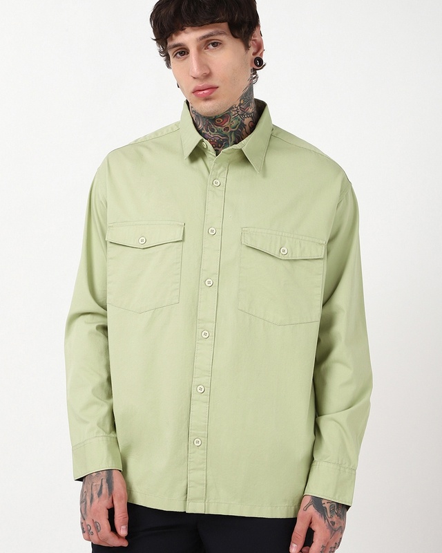 Shop Men's Light Sage Green Oversized Cargo Shirt-Front