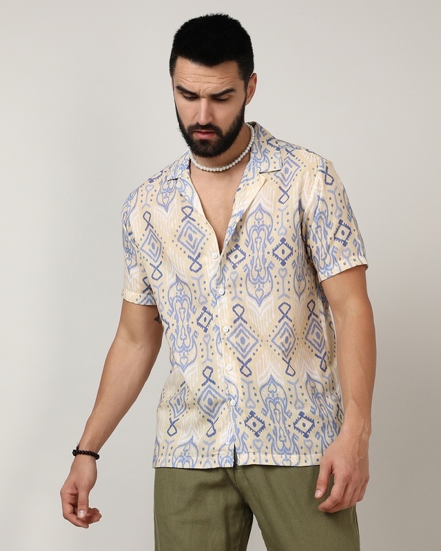 Shop Men's Cream & Blue All Over Printed Shirt-Front