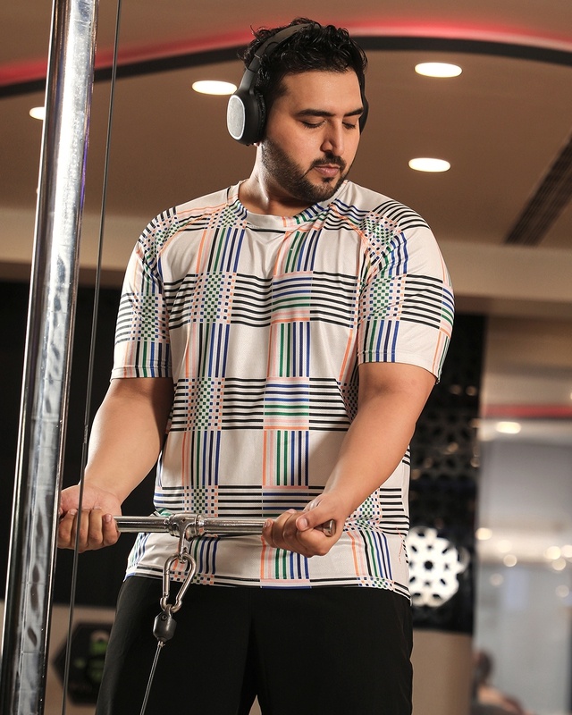 Shop Men's Cream Checked Oversized Plus Size T-shirt-Front