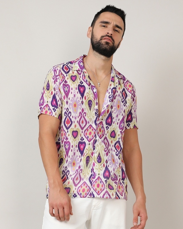 Shop Men's Cream & Lavender All Over Printed Shirt-Front