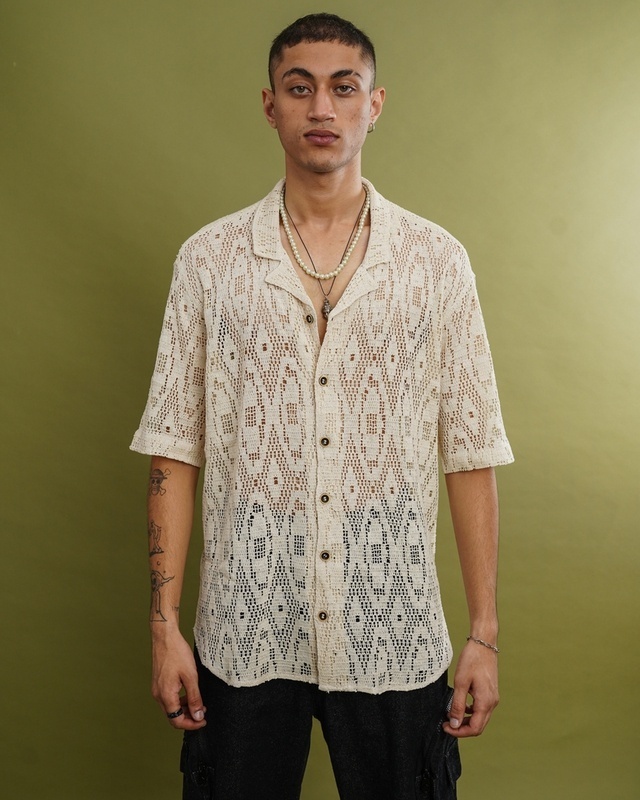Shop Men's Cream Oversized Crochet Shirt-Front