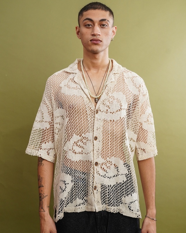 Shop Men's Cream Oversized Crochet Shirt-Front