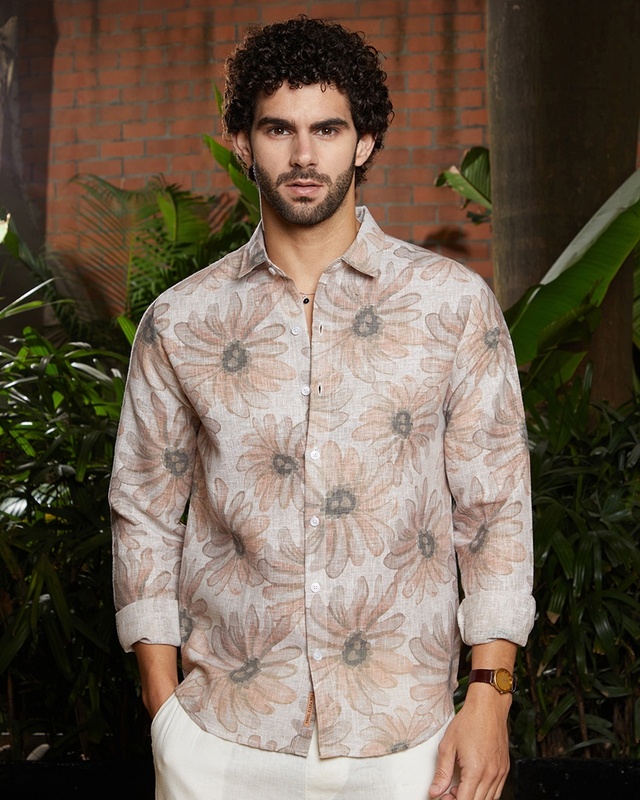Men's Cream & Peach Floral Printed Shirt