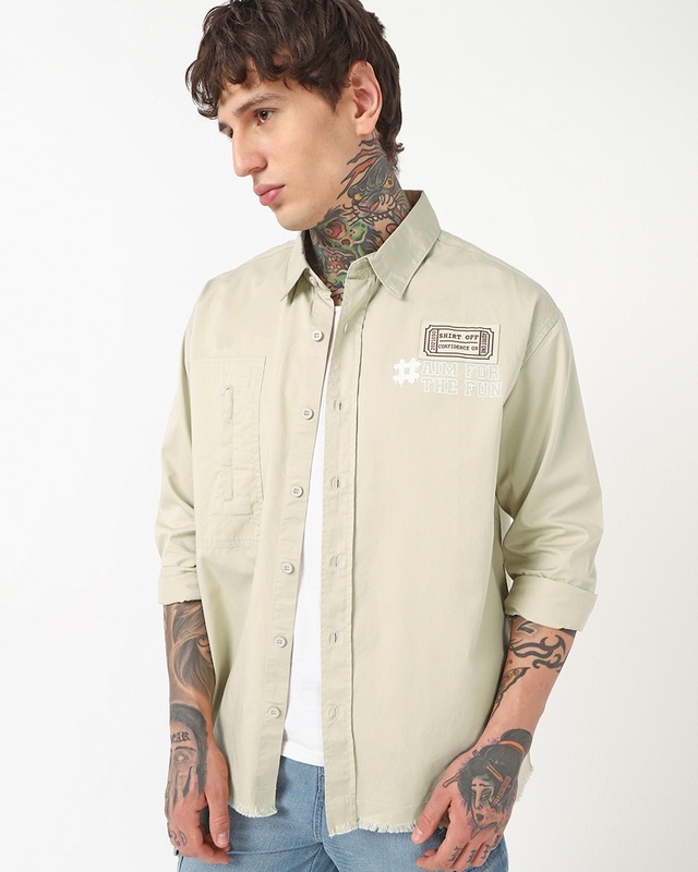 Shop Men's Cream Typography Oversized Shirt-Front