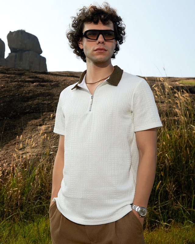 Men's Cream Textured Polo T-shirt