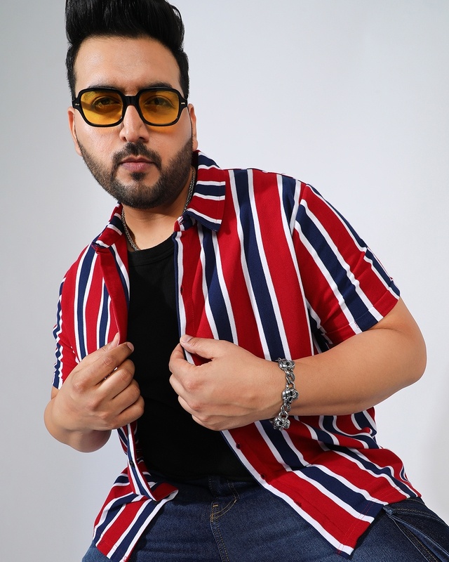 Shop Men's Crimson Red & Navy Blue Striped Oversized Plus Size Shirt-Front