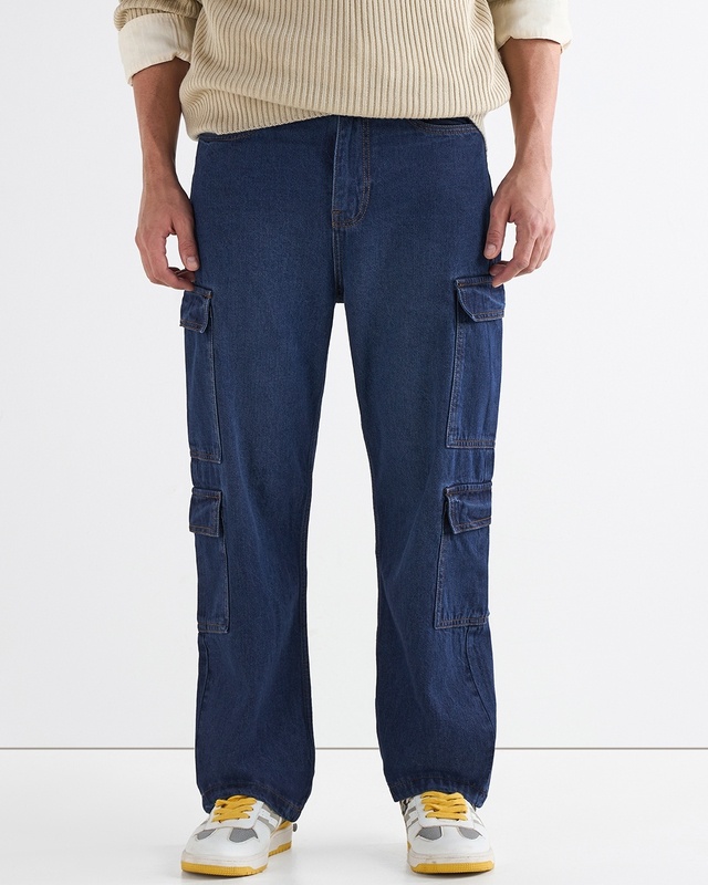Shop Men's Dark Blue Baggy Fit Washed Cargo Mid-Rise Jeans-Front