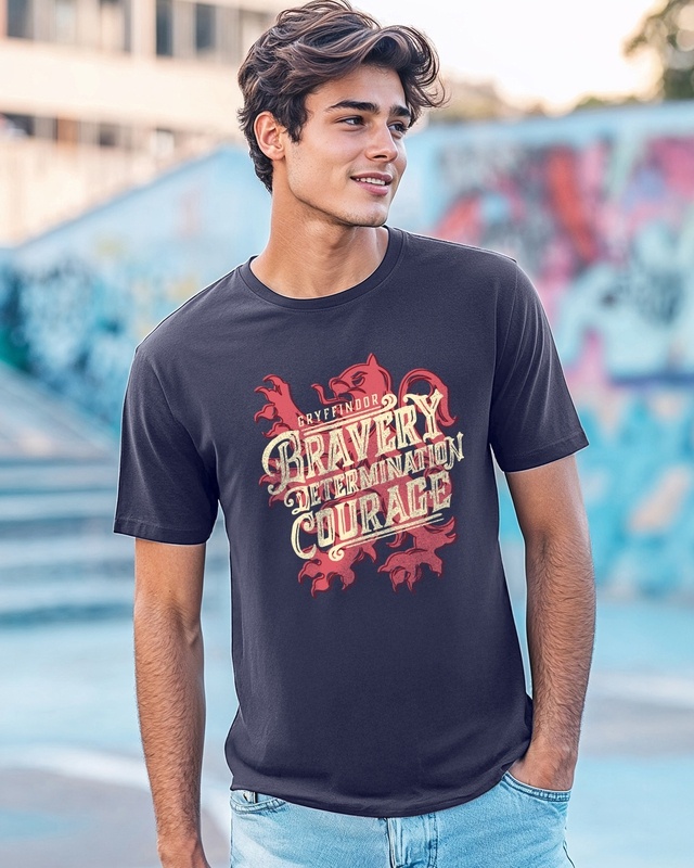 Shop Men's Dark Blue Bravery Graphic Printed T-shirt-Front
