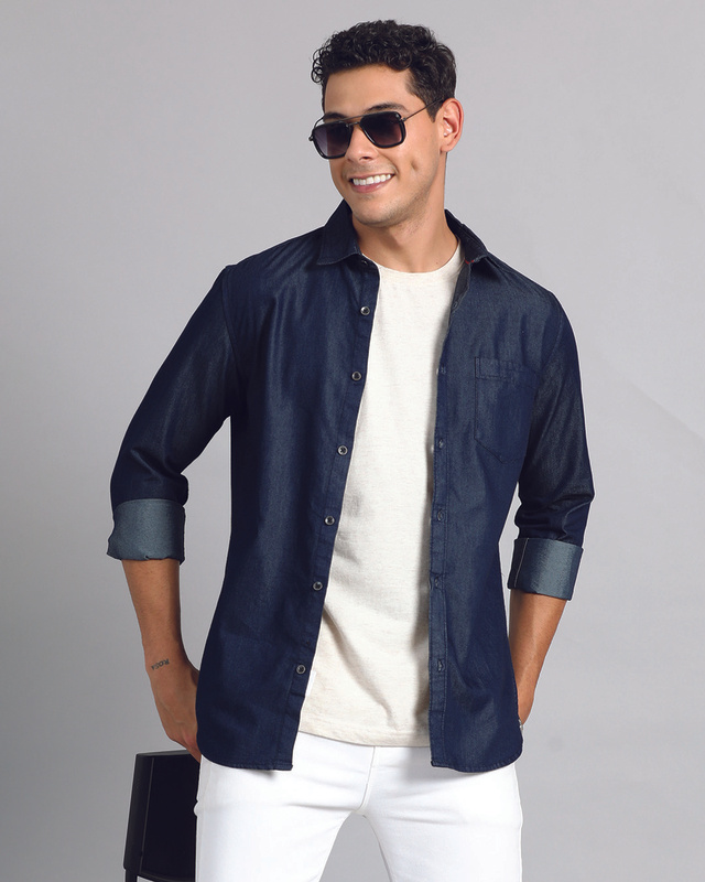 Shop Men's Dark Blue Denim Shirt-Front