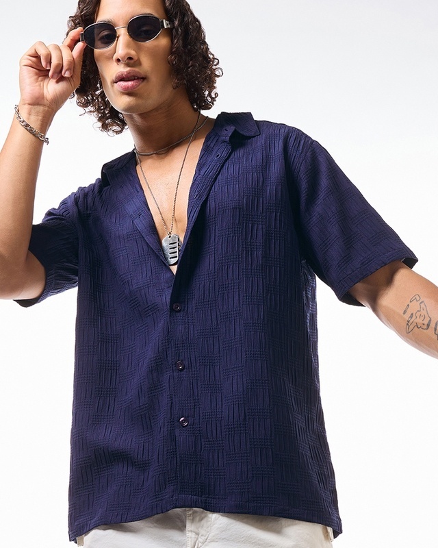 Shop Men's Dark Blue Textured Oversized Shirt-Front