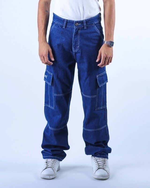 Shop Men's Dark Blue Relaxed Fit Cargo Jeans-Front