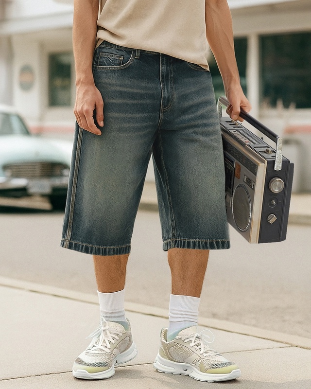Shop Men's Dark Blue Washed Baggy Fit Shorts-Front