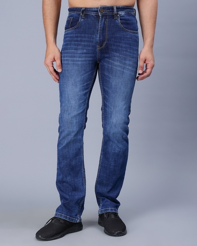 Shop Men's Dark Blue Washed Bootcut Jeans-Front