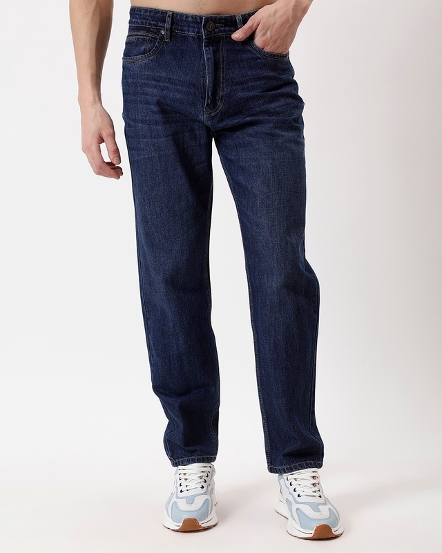 Shop Men's Dark Blue Washed Jeans-Front