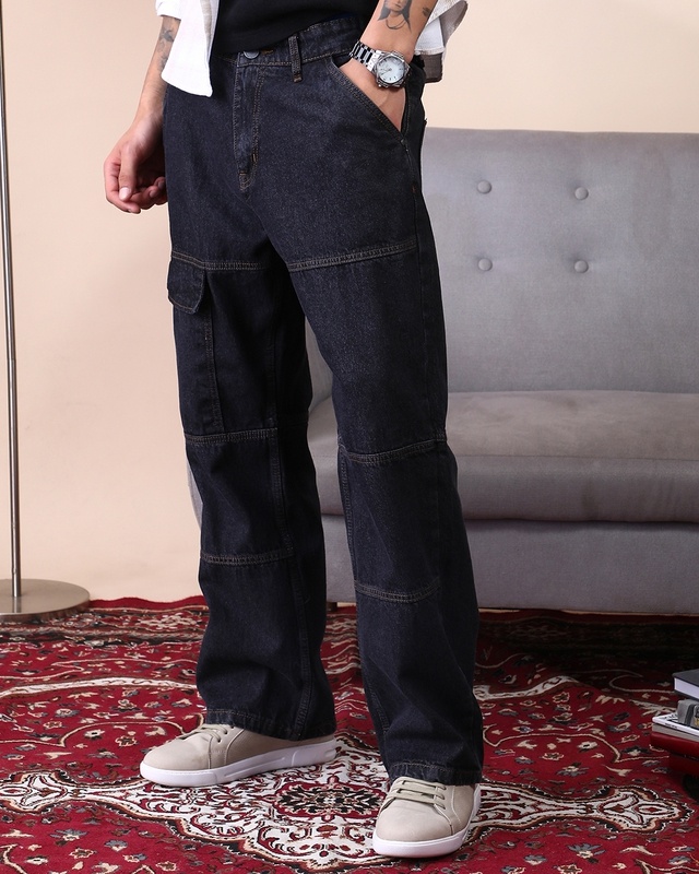 Shop Men's Dark Blue Washed Straight Fit Cargo Jeans-Front