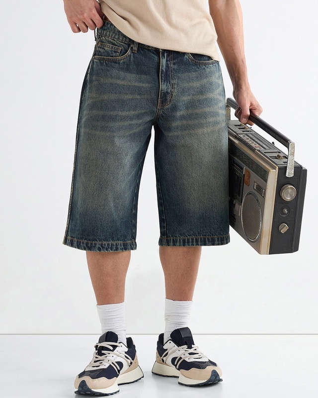 Shop Men's Dark Blue Washed Straight Fit Shorts-Front