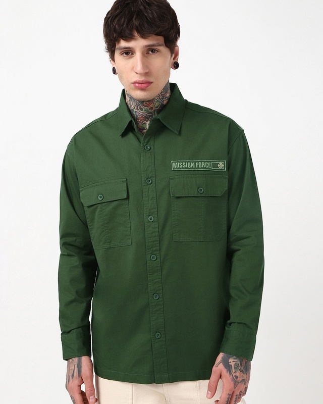 Shop Men's Dark Green Mission Force Batch Printed Oversized Cargo Shirt-Front