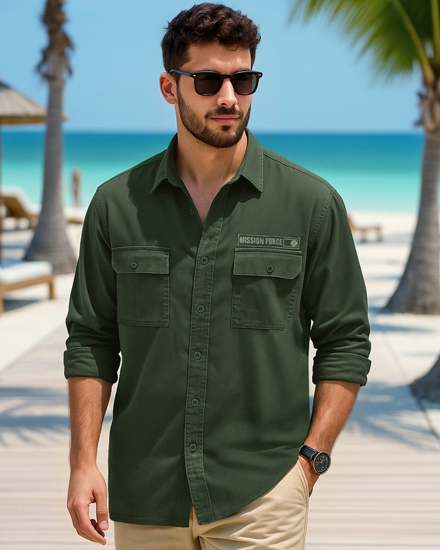 Shop Men's Dark Green Mission Force Batch Printed Oversized Cargo Shirt-Front