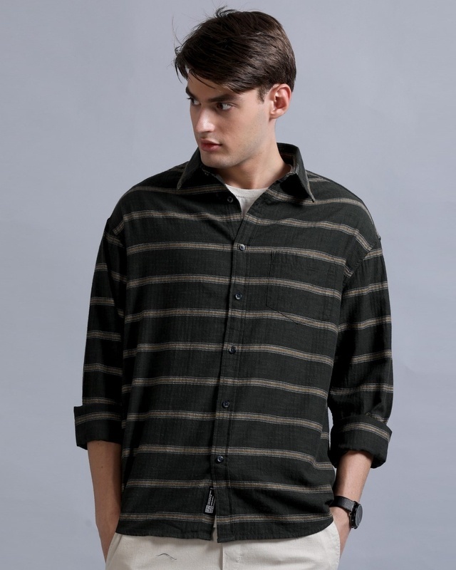 Shop Men's Dark Green Striped Oversized Shirt-Front