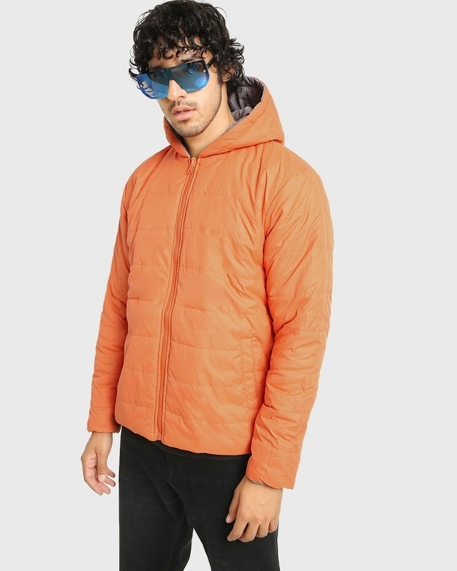 Shop Men's Dark Grey and Orange Reversible Oversized Puffer Jacket-Front
