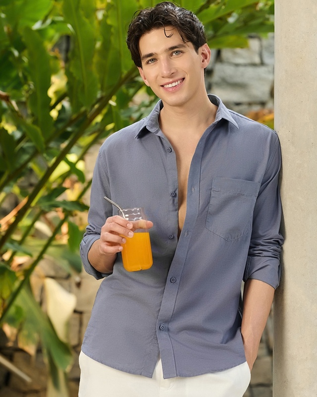 Shop Men's Dark Grey Cotton Linen Shirt-Front
