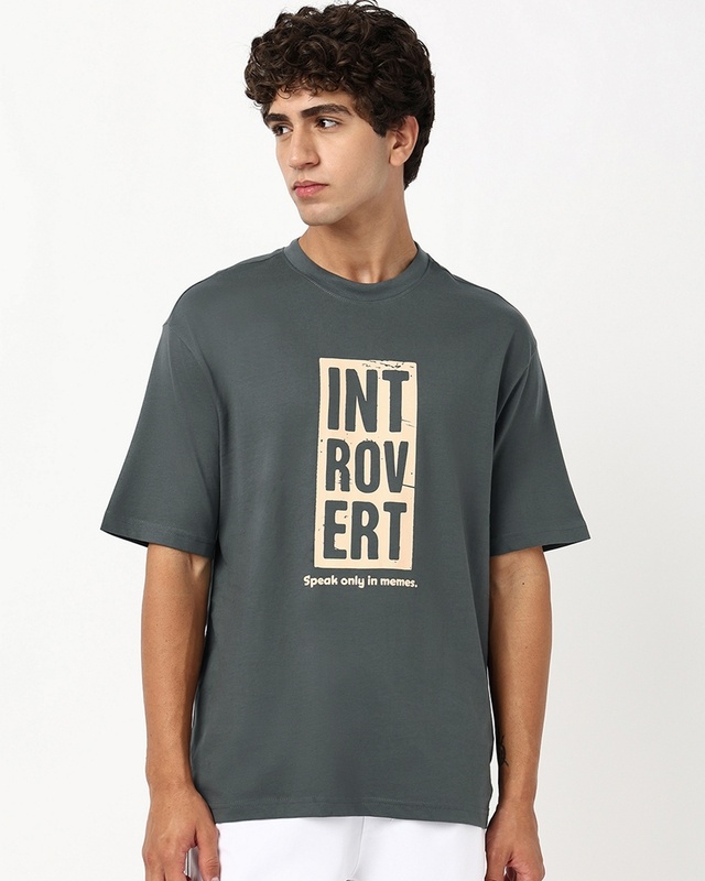 Shop Men's Dark Grey Introvert Typography Oversized T-shirt-Front