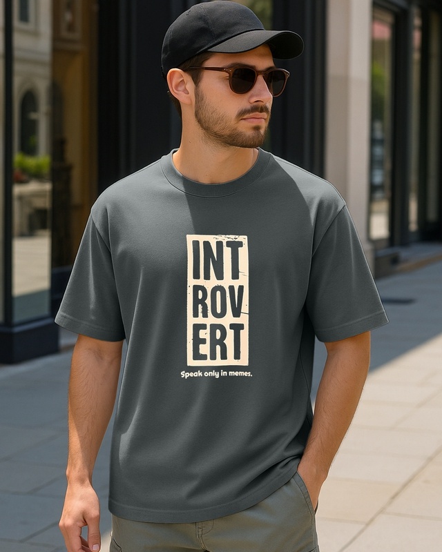 Shop Men's Dark Grey Introvert Typography Oversized T-shirt-Front