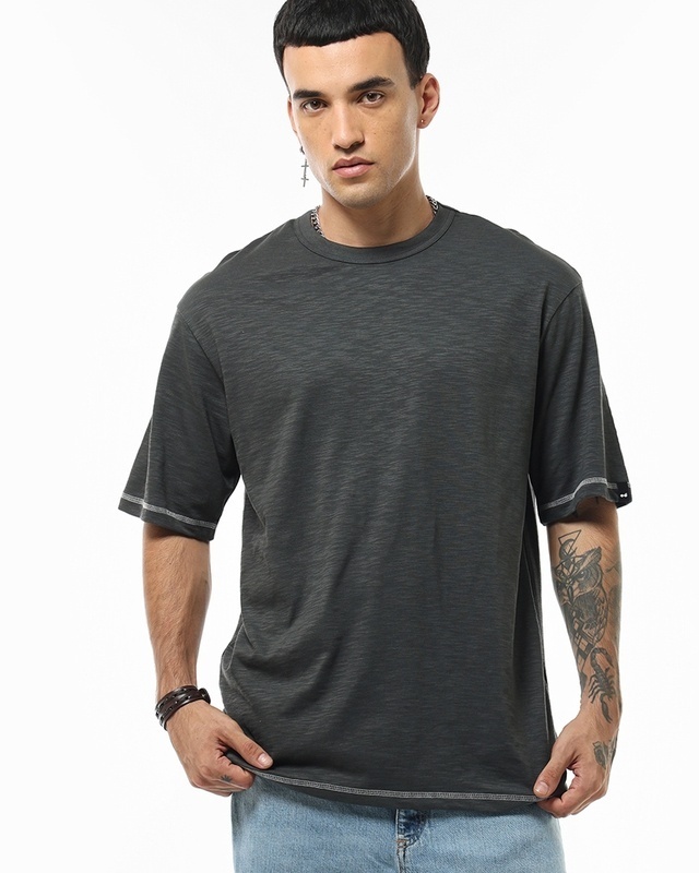 Shop Men's Dark Grey Textured Oversized T-shirt-Front