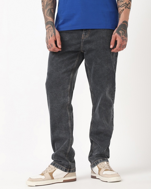 Shop Men's Dark Grey Slim Straight Fit Stretchable Washed Jeans-Front