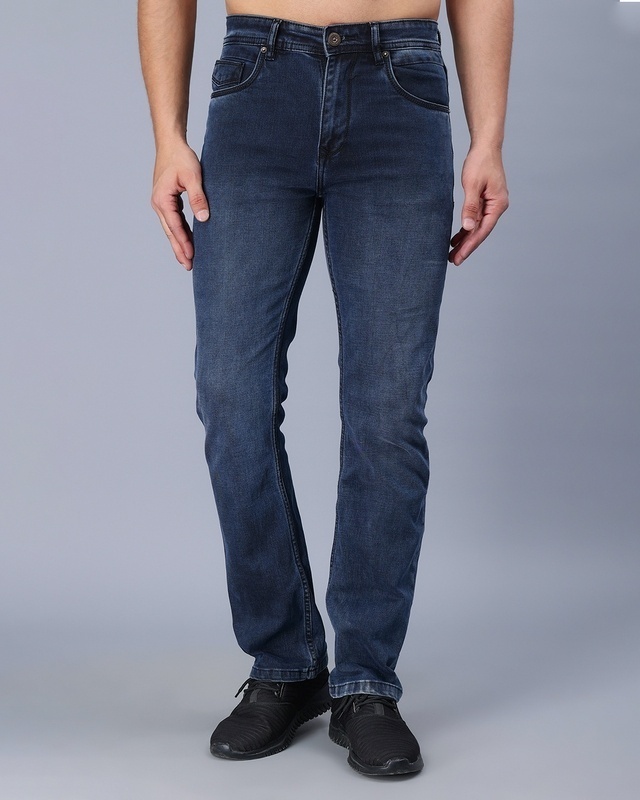 Shop Men's Dark Indigo Blue Washed Bootcut Jeans-Front