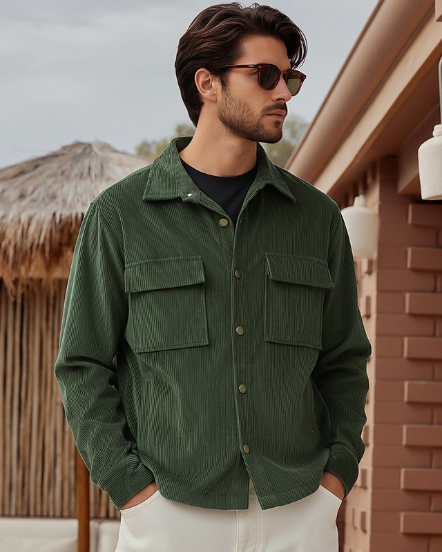 Shop Men's Dark Olive Green Corduroy Jacket-Front
