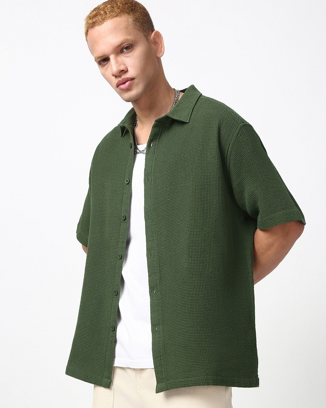 Shop Men's Dark Olive Green Textured Oversized Shirt-Front