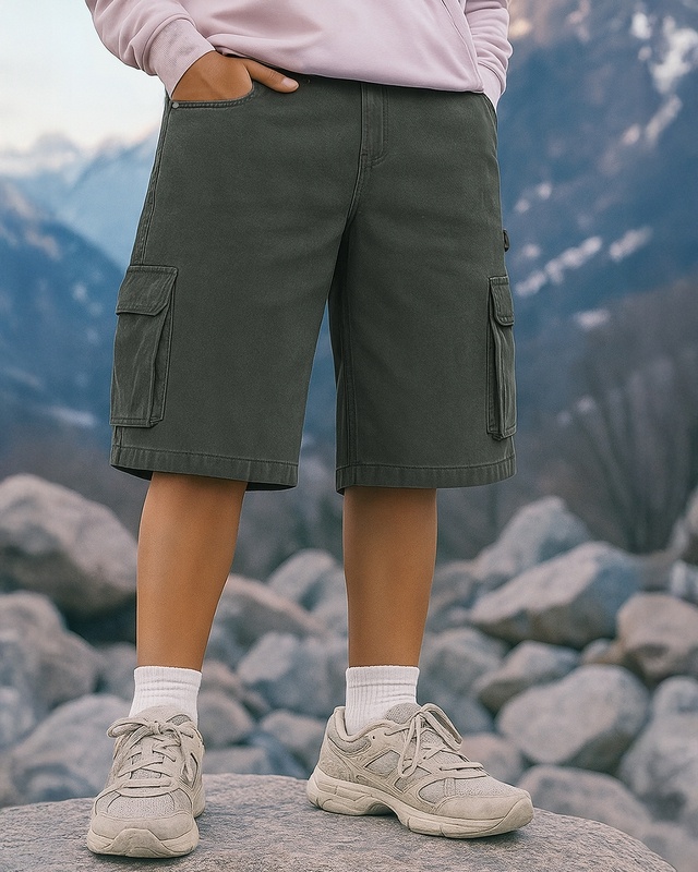 Shop Men's Dark Olive Green Washed Baggy Fit Cargo Carpenter Shorts-Front
