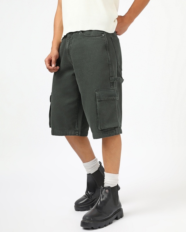 Shop Men's Dark Olive Green Washed Straight Fit Cargo Carpenter Shorts-Front
