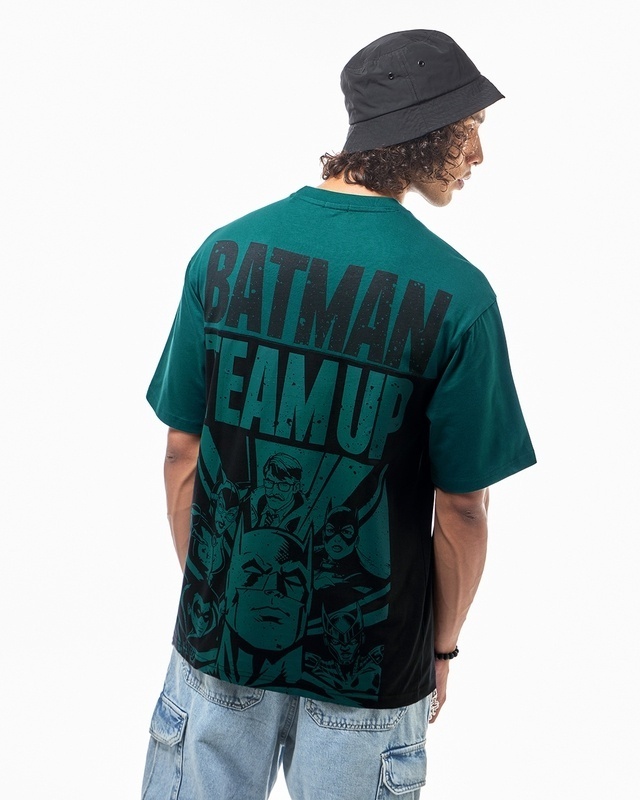 Shop Men's Green & Black Batman Teamup Graphic Printed Oversized T-shirt-Front