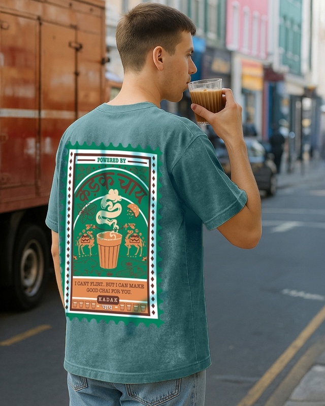 Shop Men's Dark Sea Green Kadak Chai Graphic Printed Oversized Acid Wash T-shirt-Front