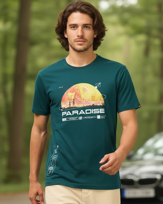 Men's Dark Sea Green Paradise Graphic Printed T-shirt-Front Bewakoof Shop Men's Dark Sea Green Paradise Graphic Printed T-shirt-Front