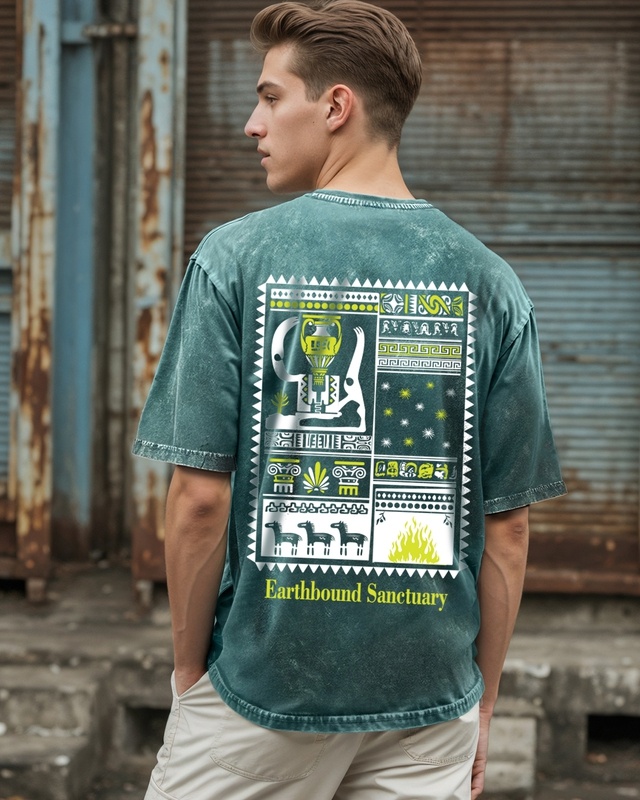 Shop Men's Dark Sea Green Sanctuary Graphic Printed Oversized Acid Wash T-shirt-Front