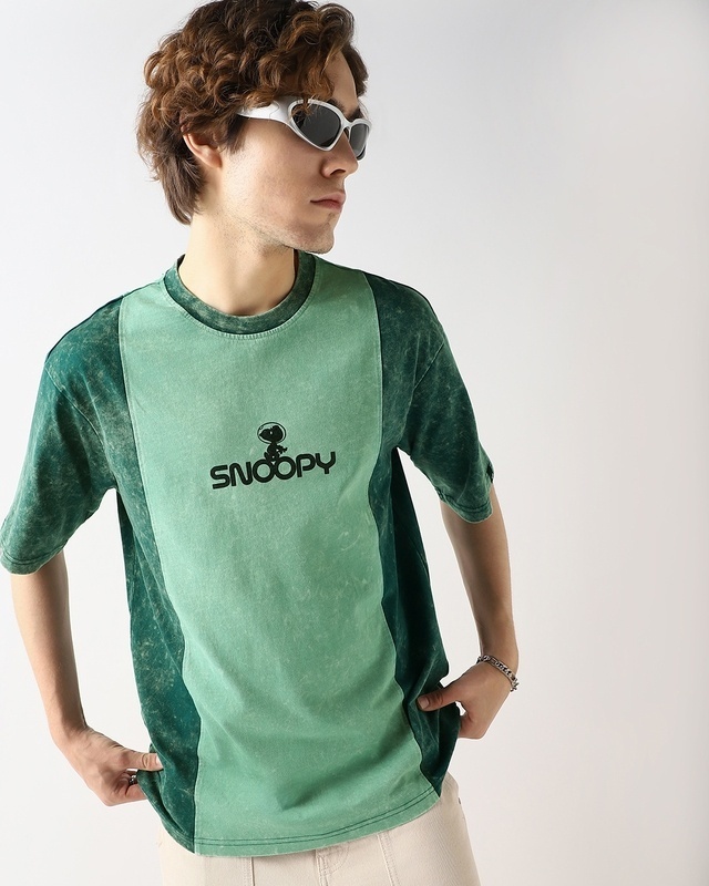 Shop Men's Dark Sea Green Snoopy Cut & Sew Oversized Acid Wash T-shirt-Front