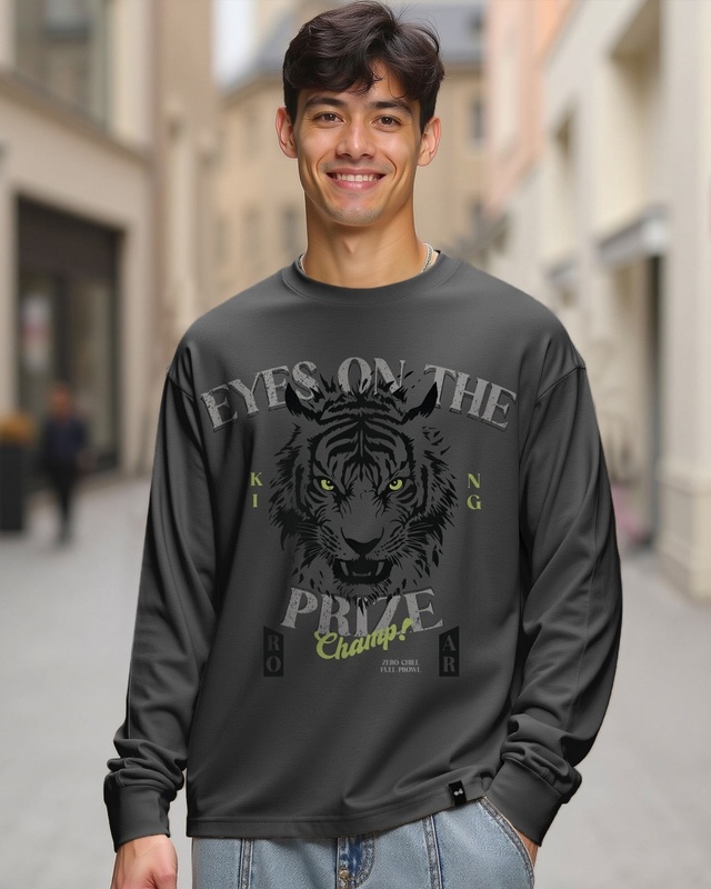 Shop Men's Dark Shadow Grey Eyes On The Prize Graphic Printed Oversized T-shirt-Front